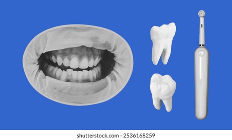 Colagem de objetos dentários e dentários relacionados. Abrindo a boca mostrando os dentes, consulta com o dentista