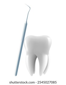 Diente y escalador dental para dientes aislados sobre fondo blanco. Herramientas profesionales dentales para el seguimiento y tratamiento de los dientes humanos y la cavidad oral. Ilustración vectorial 3D realista.