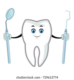Tooth with dental tools cartoon