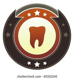 Tooth, dentist, or checkup icon on round red and brown imperial vector button with star accents