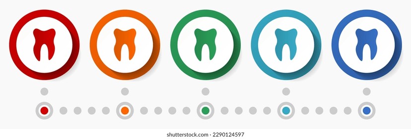 Diente, dentista, concepto dental conjunto de iconos vectoriales, diseño plano botones coloridos, plantilla infográfica en 5 opciones de color