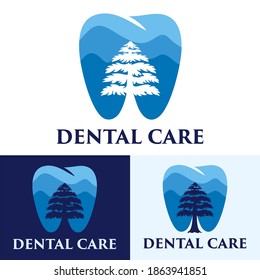 Tooth in the design dental care logo that blends with mountains and tree. Abstract stylized tooth, modern logotype for dentistry, dentist, dental clinic, health care concept. Vector illustration.
