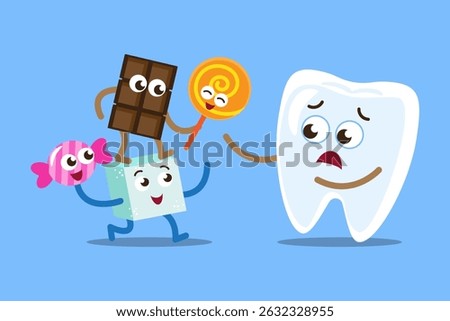 Tooth and Dessert cartoon characters . Isolated on blue background . Vector .