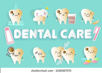 tooth with different emoji on the green background