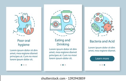 Tooth diseases causes onboarding mobile app page screen with linear concepts. Unhealthy lifestyle. Poor hygiene walkthrough steps graphic instructions. UX, UI, GUI vector template with illustrations