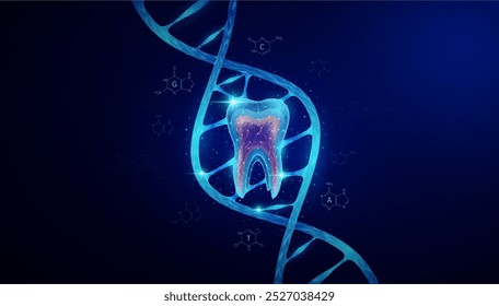 Dente na célula do gene do DNA azul de dupla hélice. Biologia genética sintética combinada. Órgão de anatomia brilhante poligonal. Análise de código timina, adenina, guanina, citosina. Vetor de ciência médica.