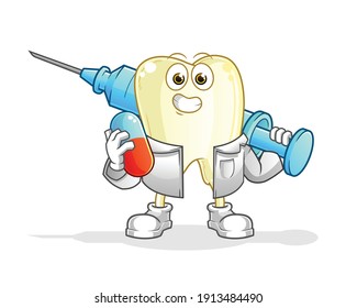 tooth doctor holding injection. cartoon character