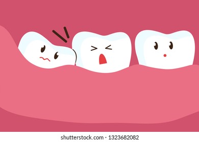 The tooth does not grow properly and scratches the adjacent tooth. Vector illustration.