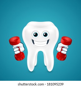 Tooth doing exercises with dumbbells on blue background