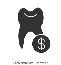 Tooth with dollar sign glyph icon. Silhouette symbol. Dentistry cost. Negative space. Vector isolated illustration