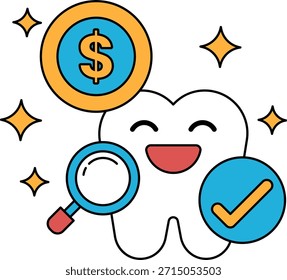 Ein Zahn mit einem Dollarzeichen und einem Smiley. Der Zahn lächelt und das Dollarzeichen wird darauf platziert, was ihm ein fröhliches und verspieltes Aussehen verleiht