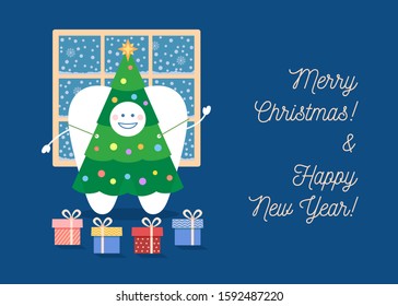 Tooth is dressing in Christmas Tree costume. Christmas greeting card from a dentist. 