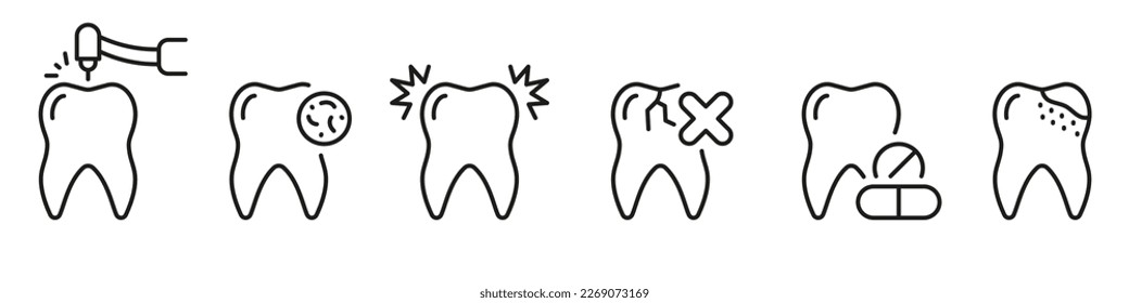 Tooth Drilling, Dental Procedure Line Icon Set. Cracked Teeth, Orthodontic Care Linear Pictogram. Tooth Caries. Dentistry Symbol. Dental Treatment Sign. Editable Stroke. Isolated Vector Illustration.