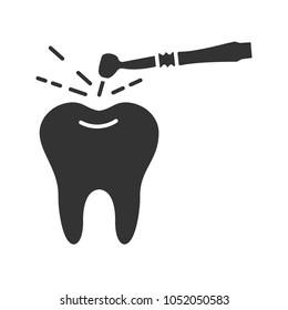 Tooth drilling process glyph icon. Silhouette symbol. Dentistry. Dental handpiece. Negative space. Vector isolated illustration