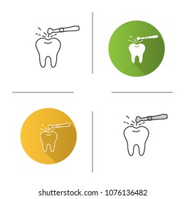 Tooth drilling process icon. Dentistry. Dental handpiece. Flat design, linear and color styles. Isolated vector illustrations