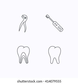 Tooth, electric toothbrush and pliers icons. Dentinal tubules linear sign. Flat linear icons on white background. Vector