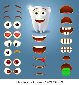 Tooth emoji maker. Vector set of emoticon body parts for your own creation of cool emoji with different facial expressions.