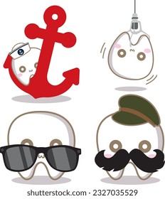 Emoticon dental con 4 disfraces o expresiones, como marinero, juego, gafas geniales y con bigote.