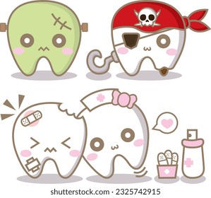 Tooth emoticon with 4 costumes, such as frankenstein, pirate, a patient and nurse as one.