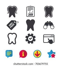 Tooth enamel protection icons. Dental toothpaste care signs. Healthy teeth sign. Browser window, Report and Service signs. Binoculars, Information and Download icons. Stars and Chat. Vector