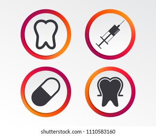 Tooth enamel protection icons. Medical syringe and pill signs. Medicine injection symbol. Infographic design buttons. Circle templates. Vector