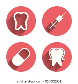 Tooth enamel protection icons. Medical syringe and pill signs. Medicine injection symbol. Pink circles flat buttons with shadow. Vector
