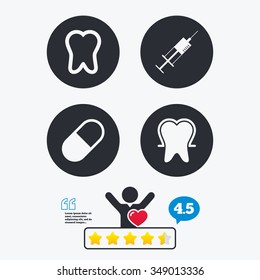 Tooth enamel protection icons. Medical syringe and pill signs. Medicine injection symbol. Star vote ranking. Client like and think bubble. Quotes with message.