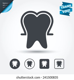 Tooth enamel protection sign icon. Dental toothpaste care symbol. Healthy teeth. Circle and square buttons. Flat design set. Thank you ribbon. Vector