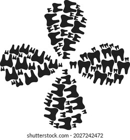 Tooth explosion composition. Element centrifugal explosion done from oriented tooth symbols. Vector flower collage in flat style.