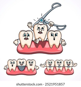 Tooth extraction, braces and dental implant cartoon. Suitable for health