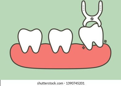 tooth extraction by dental tools to remove wisdom tooth - teeth cartoon vector flat style cute character for design