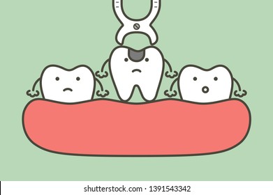 tooth extraction by dental tools to remove decay tooth - teeth cartoon vector flat style cute character for design