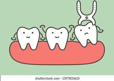 Tooth Extraction By Dental Tools To Remove Wisdom Tooth - Teeth Cartoon Vector Flat Style Cute Character For Design