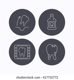 Tooth extraction, caries and mouthwash icons. Dental x-ray linear sign. Flat icons in circle buttons on white background. Vector