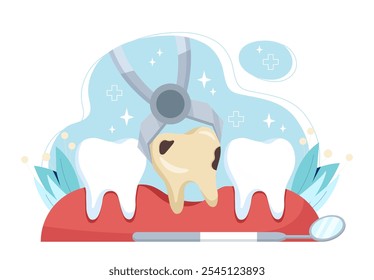 Tooth extraction concept. Forceps remove tooth with caries. Dentistry and stomatology. Cleanliness and hygiene of oral cavity. Healthcare and medicine. Flat vector illustration