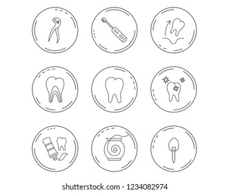 Tooth extraction, electric toothbrush icons. Dental implant, floss and dentinal tubules linear signs. Toothpaste icon. Linear Circles web buttons with icons. Vector