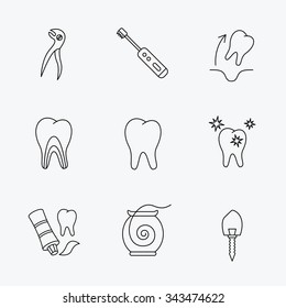 Tooth extraction, electric toothbrush icons. Dental implant, floss and dentinal tubules linear signs. Toothpaste icon. Linear black icons on white background.