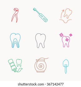 Tooth extraction, electric toothbrush icons. Dental implant, floss and dentinal tubules linear signs. Toothpaste icon. Linear colored icons.