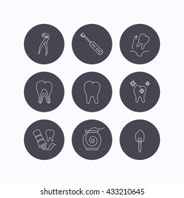 Tooth extraction, electric toothbrush icons. Dental implant, floss and dentinal tubules linear signs. Toothpaste icon. Flat icons in circle buttons on white background. Vector