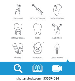 Tooth extraction, electric toothbrush icons. Dental implant, floss and dentinal tubules linear signs. Toothpaste icon. Video cam, book and magnifier search icons. Vector