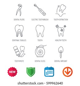 Tooth extraction, electric toothbrush icons. Dental implant, floss and dentinal tubules linear signs. Toothpaste icon. New tag, shield and calendar web icons. Download arrow. Vector