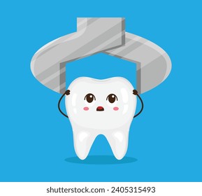 Tooth extraction. Funny cartoon tooth character. Kawaii mascot collection. Templates for dentistry, for websites and social media. Vector illustration