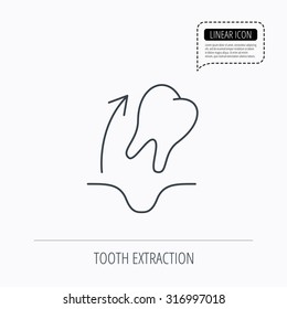 Tooth extraction icon. Dental paradontosis sign. Linear outline icon. Speech bubble of dotted line. Vector