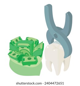 Tooth extraction icon isometric vector. Tooth clamped in medical forcep, cash bag. Dentistry, stomatology, healthcare concept