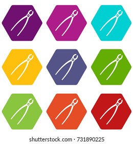 Tooth extraction instrument icon set many color hexahedron isolated on white vector illustration