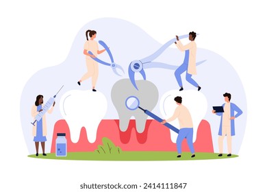 Tooth extraction procedure, removal of bad tooth operation at dental clinic. Tiny people use dentists equipment to remove sick or dead molar with caries from gums cartoon vector illustration