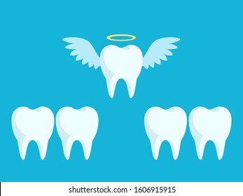 Tooth extraction. Removal bad tooth. Winged, flying tooth. Vector illustration, flat design element. Isolated on blue background.