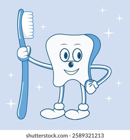 tooth with eyes and a smile with a toothbrush in his hands, in a groovy style, cartoon, tooth boy with a brush in blue tones, toothbrush, medicine, hygiene, brushing teeth, brush, toothpaste