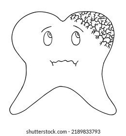 A tooth with a face in despair looks at a part of a tooth affected by caries. The tooth is affected by caries. Hand Drawn. Freehand drawing. Doodle. Sketch. Coloring book.	