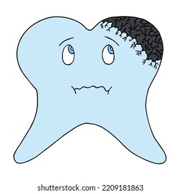 A tooth with a face in despair looks at a part of a tooth affected by caries. The tooth is affected by caries. Hand Drawn. Freehand drawing. Doodle. Sketch. 